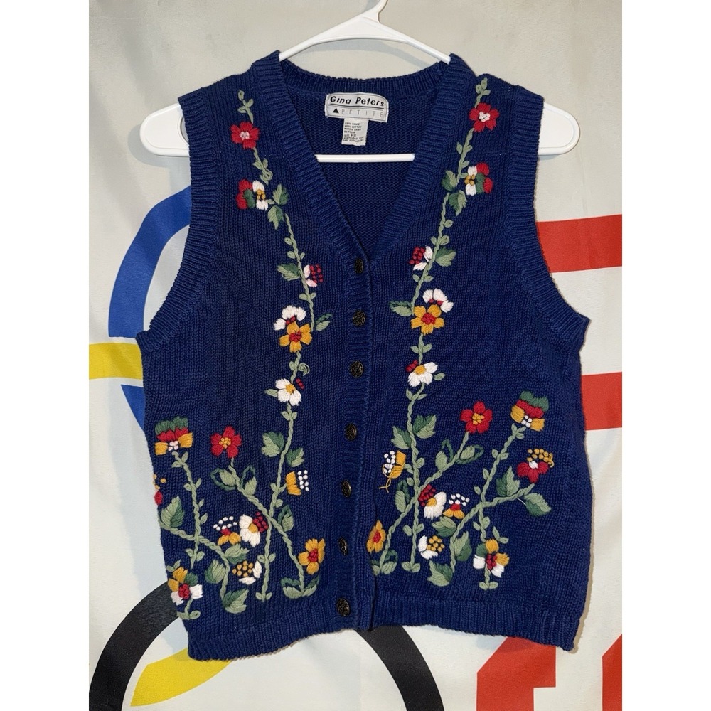 Vintage Gina Peters Cardigan Sweater Vest Petite Small 90s Flower Knit Blue